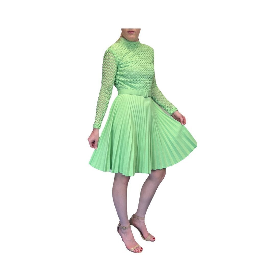 60s 70s Vintage Green Lace Bodice Dress with Permanent Pleated Skirt Belted XS